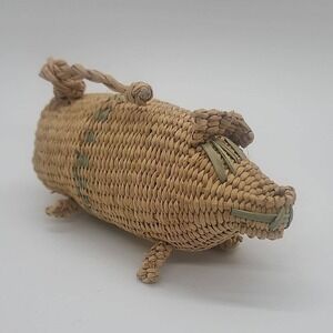 Vintage hand made‎ woven rattan miniature PIG figurine